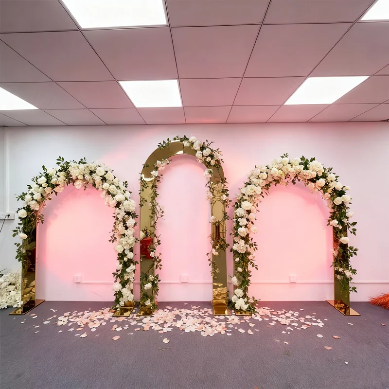 3pcs  Wedding Party Store Store Shiny Gold Wedding Ceremony Arch Door Backdrop Stainless Steel Backdrop