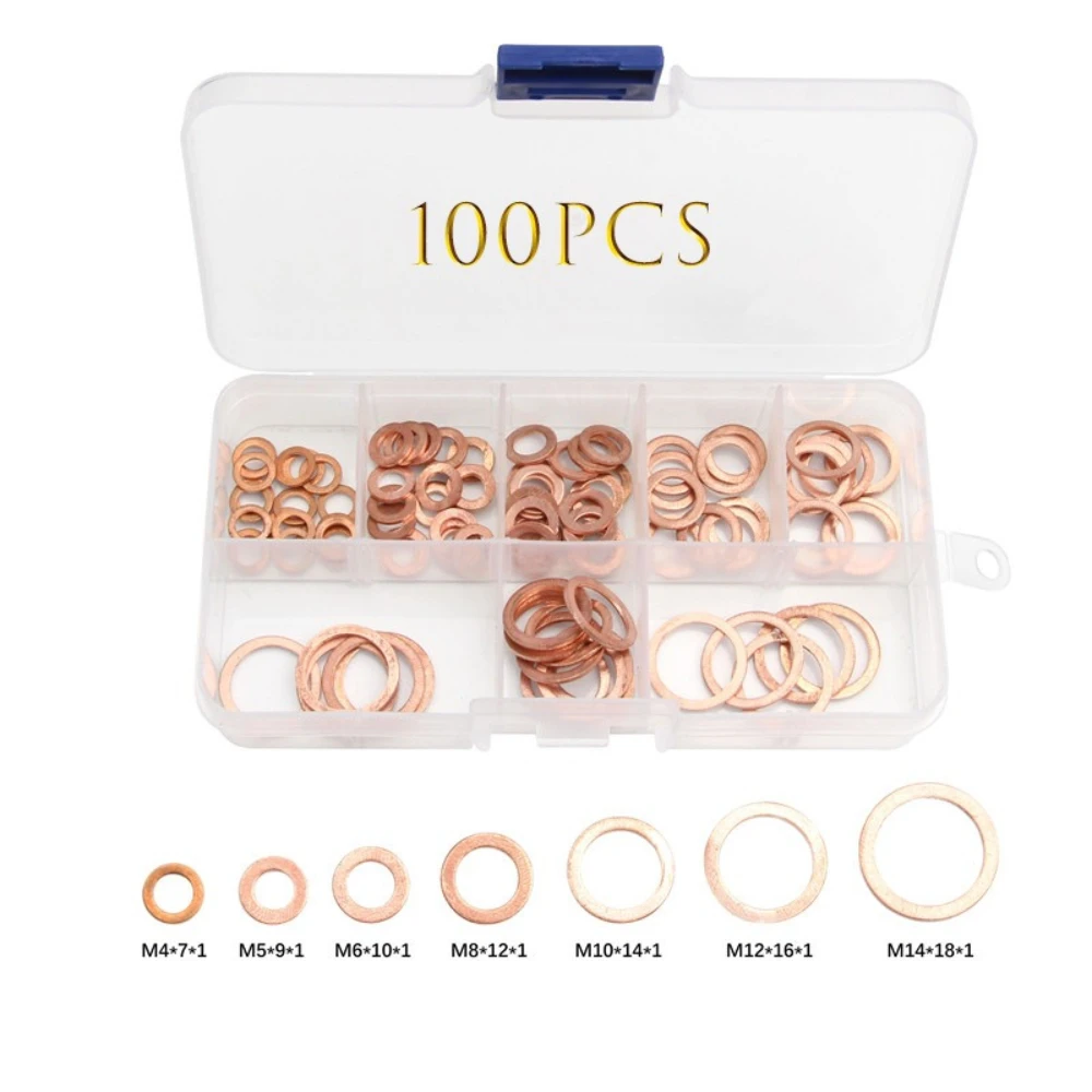 

100pcs Copper Washer Gasket Nut and Bolt Set Flat Ring Seal Assortment Kit M4 M5 M6 M8 M10 M12 M14 Gasket Washer for Sump Plugs