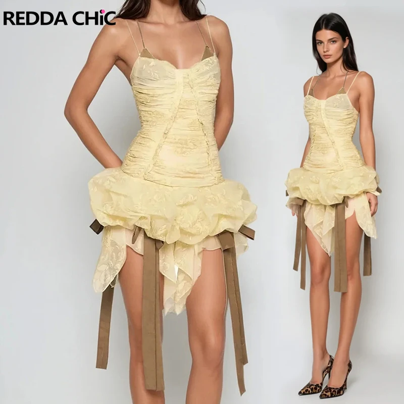 

REDDACHiC Ruffle Fringe Mini Dress with Bikini Top See Through Off Shoulder Ruched Puffy Bowknot Tube Dress Party Club Women Set