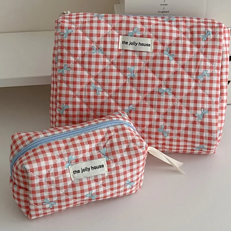 Plaid Bow Cotton Makeup Bag Women Zipper Cosmetic Organizer borsa in tessuto femminile a forma di scatola Tote Makeup Toiletry Case per ragazze