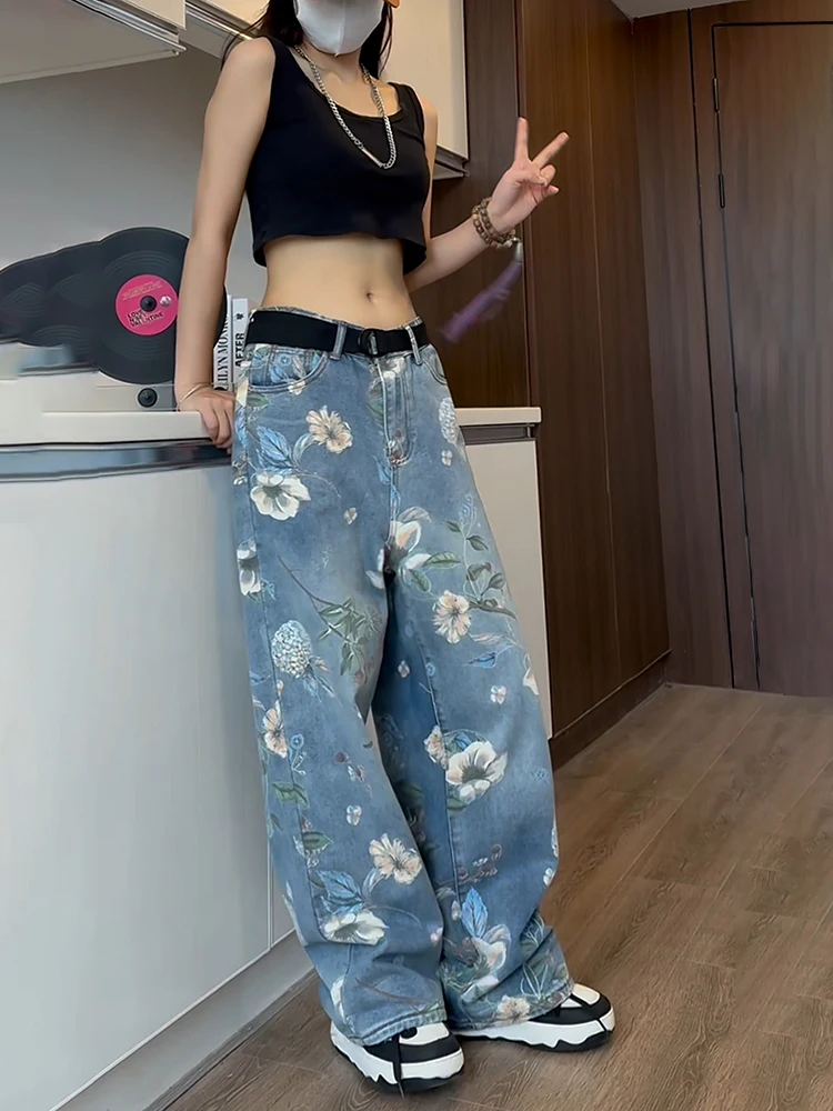 

New Chinese Sle Floral Men's Jeans Summer Trendy American Vibe Wide Leg Loose Fit Straight Cut High Waist Denim Pants