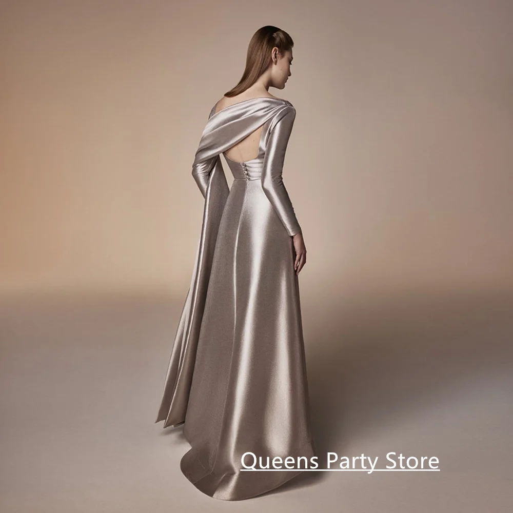 Fashion Arabian Evening Dress Customized Square Neck Long Sleeves Beading Crystal A Line Satin Wedding Party Gown Prom Dresses