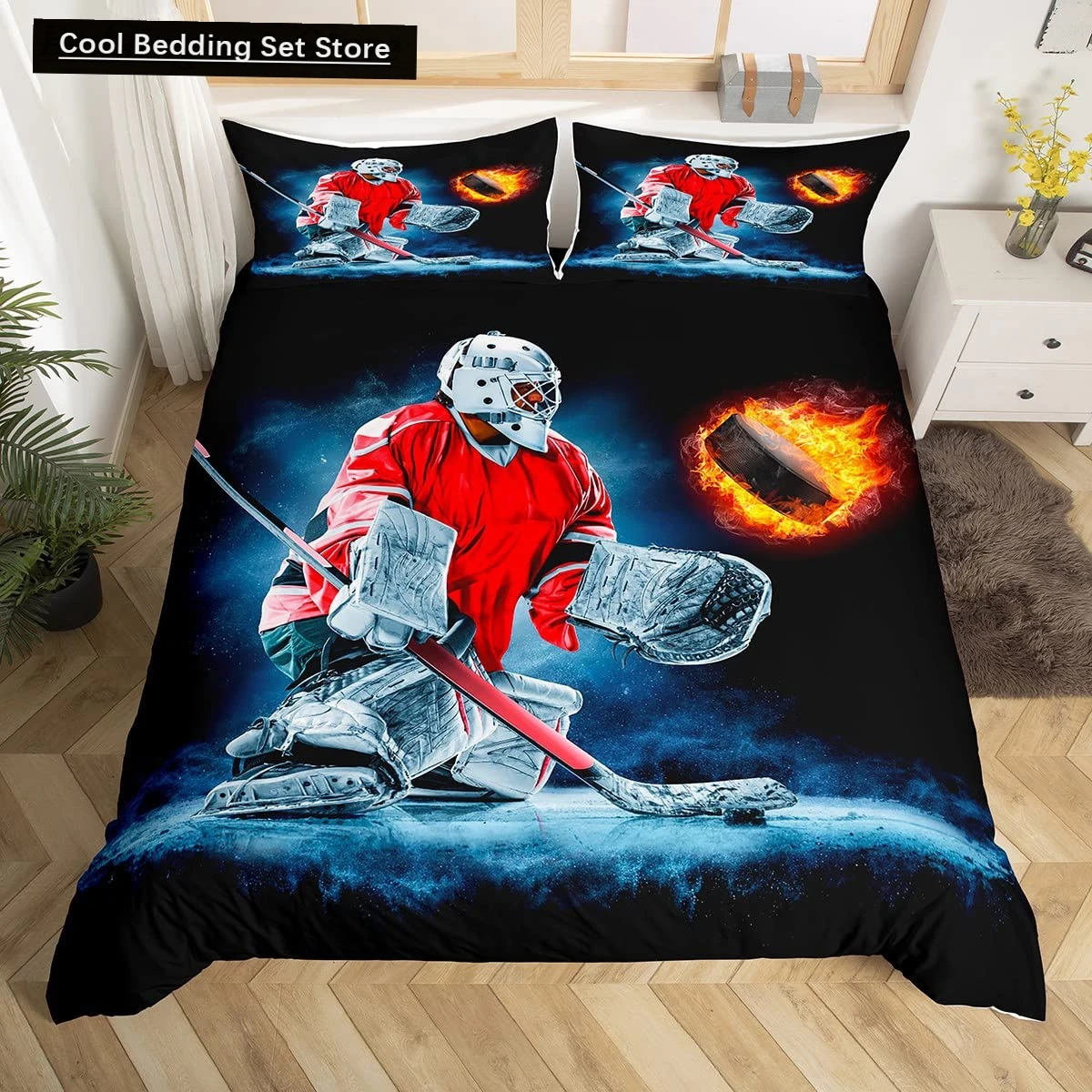 Poliéster Sports cama Set para Adolescentes, rei e rainha Duvet Cover, queimando Hockey Ball, atleta, atleta, preto, 2 PCs, 3PCs