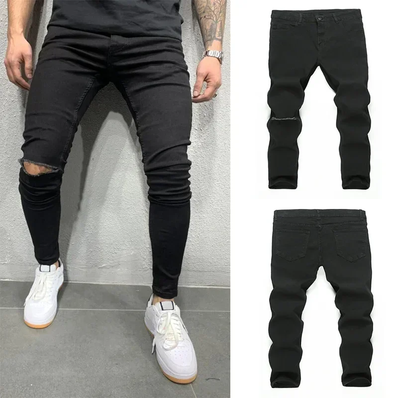 

Men Jeans Pencil Pant Denim Long Pants Casual Straight Trousers Pockets Splice Slim Fit Hole High Waist Autumn Winter
