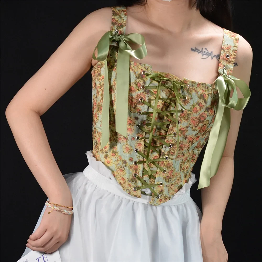 Floral Print Crop Tops Overbust Female Sleeveless Bandage Short Strap Vest For Women Vintage Fashion French Style Lace up Corset