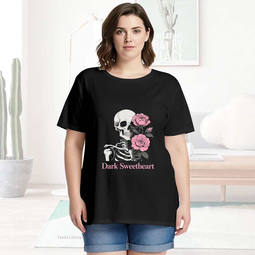 Dark Sweetheart Rose Skull Print Casual Cotton T-Shirts Unisex Tee Shirt Men Women Creative Oversize T-shirt Female Girls Gifts view 3