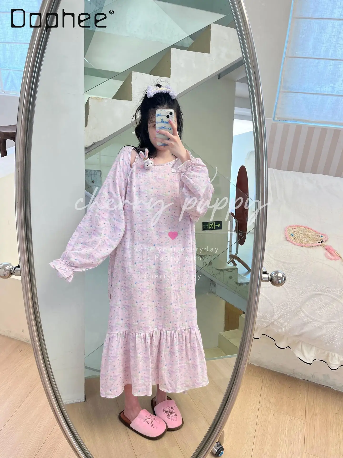 

Cotton Yarn Unicorn Print Nightdress Sweet Girls Long Sleeve Hollow Out Mid Length Nightgowns Korean Style Cute Home Clothing