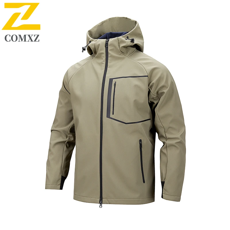 

COMXZ Soft Shell Jacket Men Leisure Hooded Outdoor Mountaineering Windproof Coat Trendy Solid Color Camping Autumn clothing