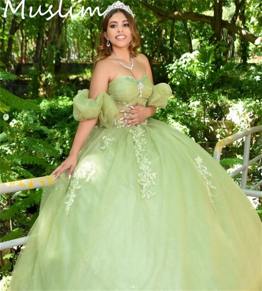 Fairy Sage Green Quinceanera Dresses Vestidos De Xv Anos Off Shoulders See Through Crystal Lace Birthday Dress Sweet 15 Party