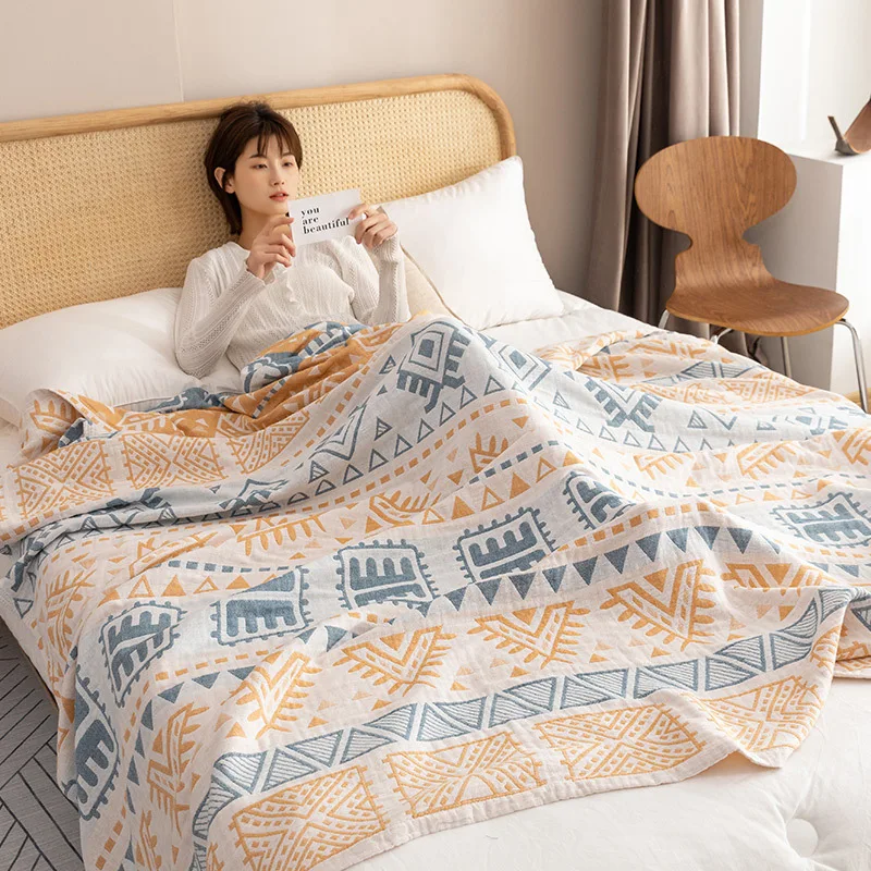 Class-A 100% Cotton Gauze Towel Quilt Retro Printed Single Double Nap Blanket Luxury Office Student Dorm Air Conditioning Quilt