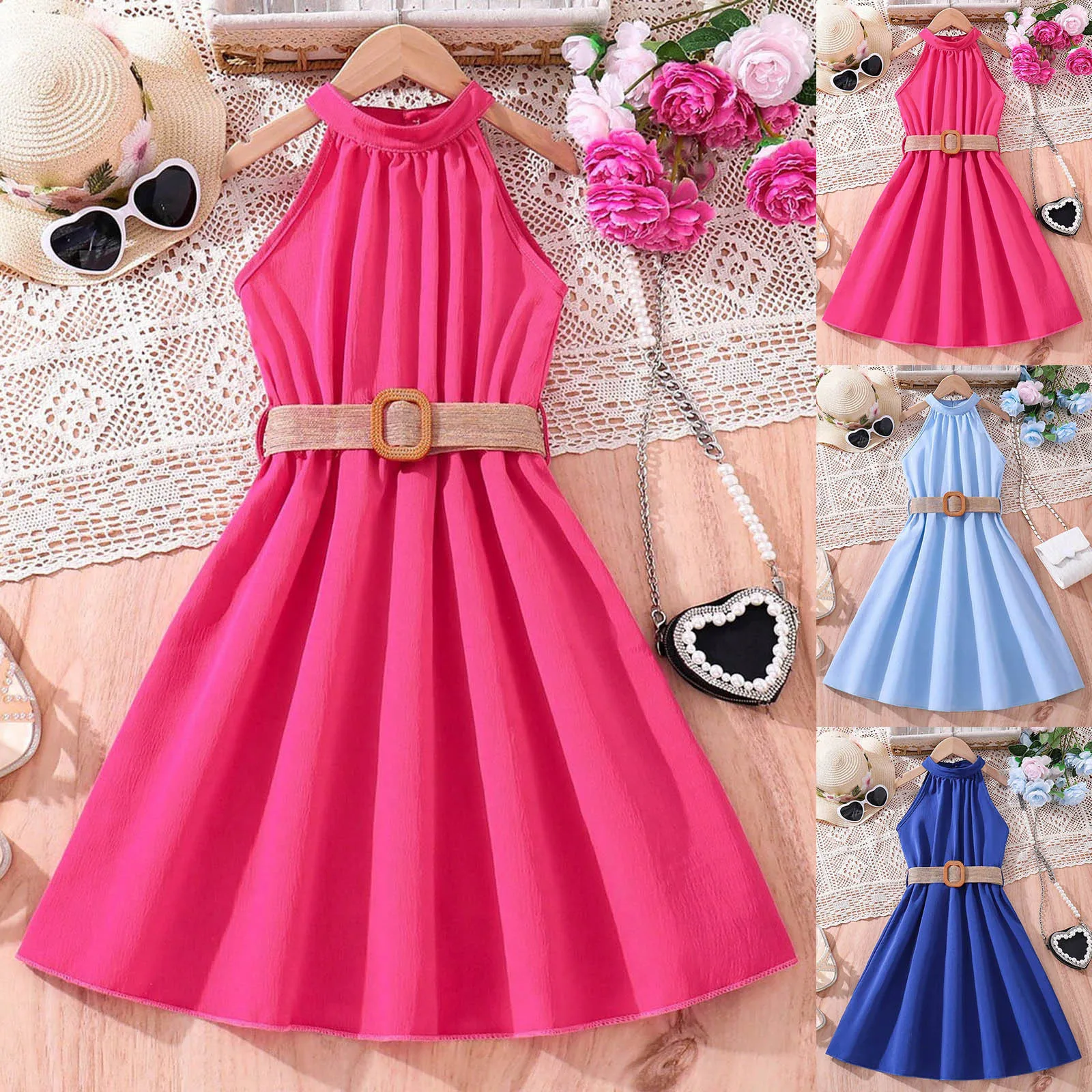 Summer Teenage Dresses For Kids Girls With Belted Halter Off Shoulder Formal Party Dress Children Girls Toddler Clothes 8-11y