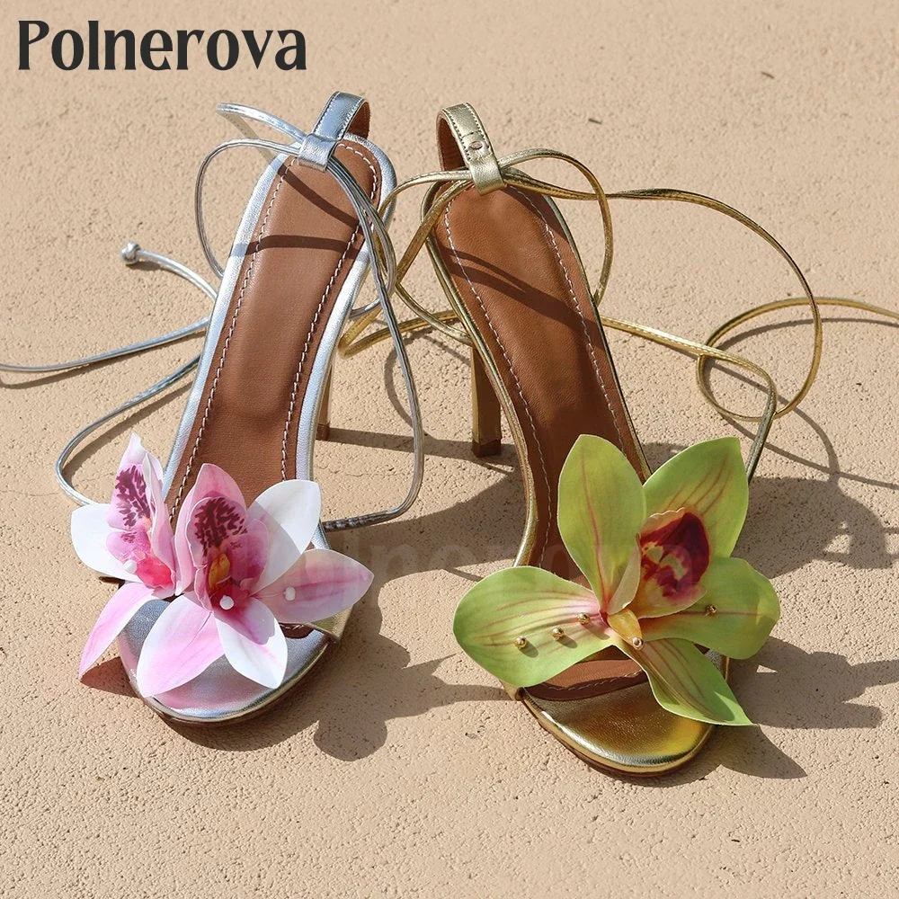 Green Floral Stiletto Sandals Gold Patent Leather Ankle Strap High Heels Fashion Style Vacation Handmade Sandals for Women Sale