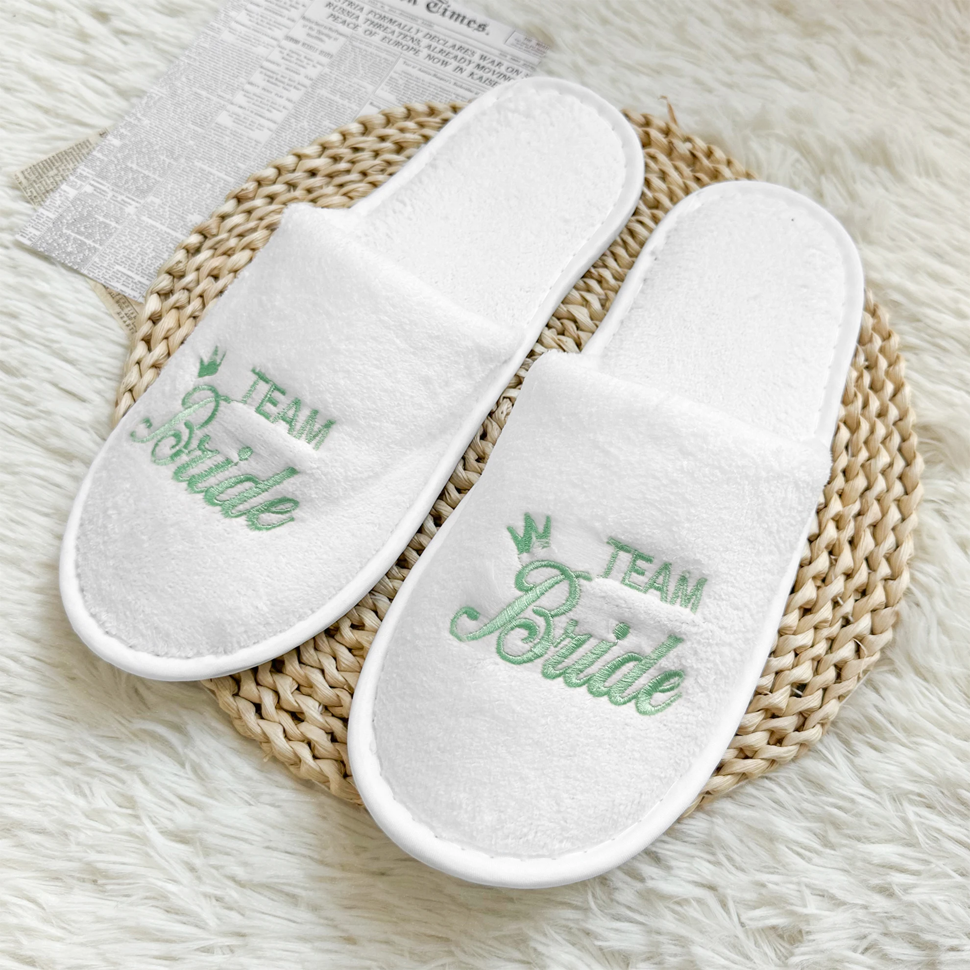 Bridal Party Slippers Set, Close-toe With Golden & Pink Embroidery, Lightweight Plush Cozy Flats, Non-slip Soft Sole For Bride image 3