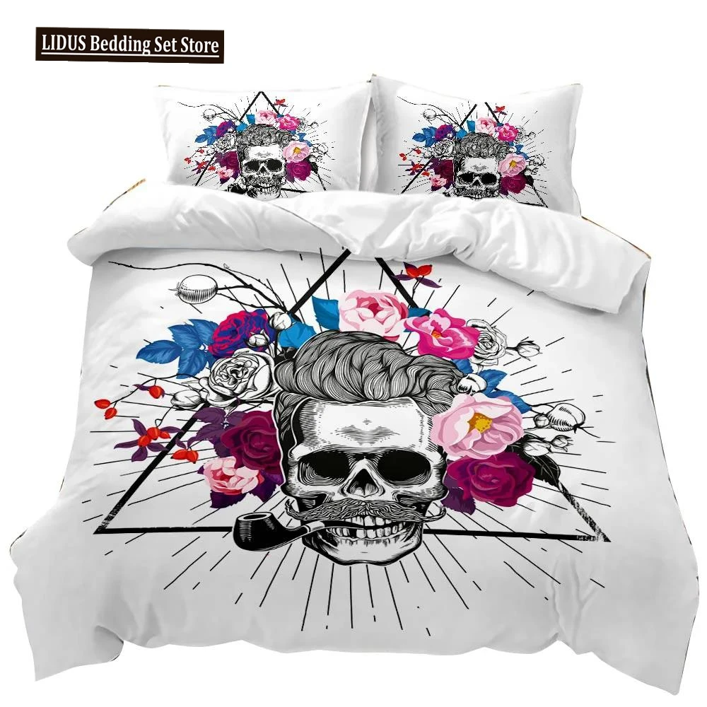 

Skull Duvet Cover Set Queen Size Skeleton Bedding Set Digital Print Bones Roses Surrounded The Skull Polyester Comforter Cover