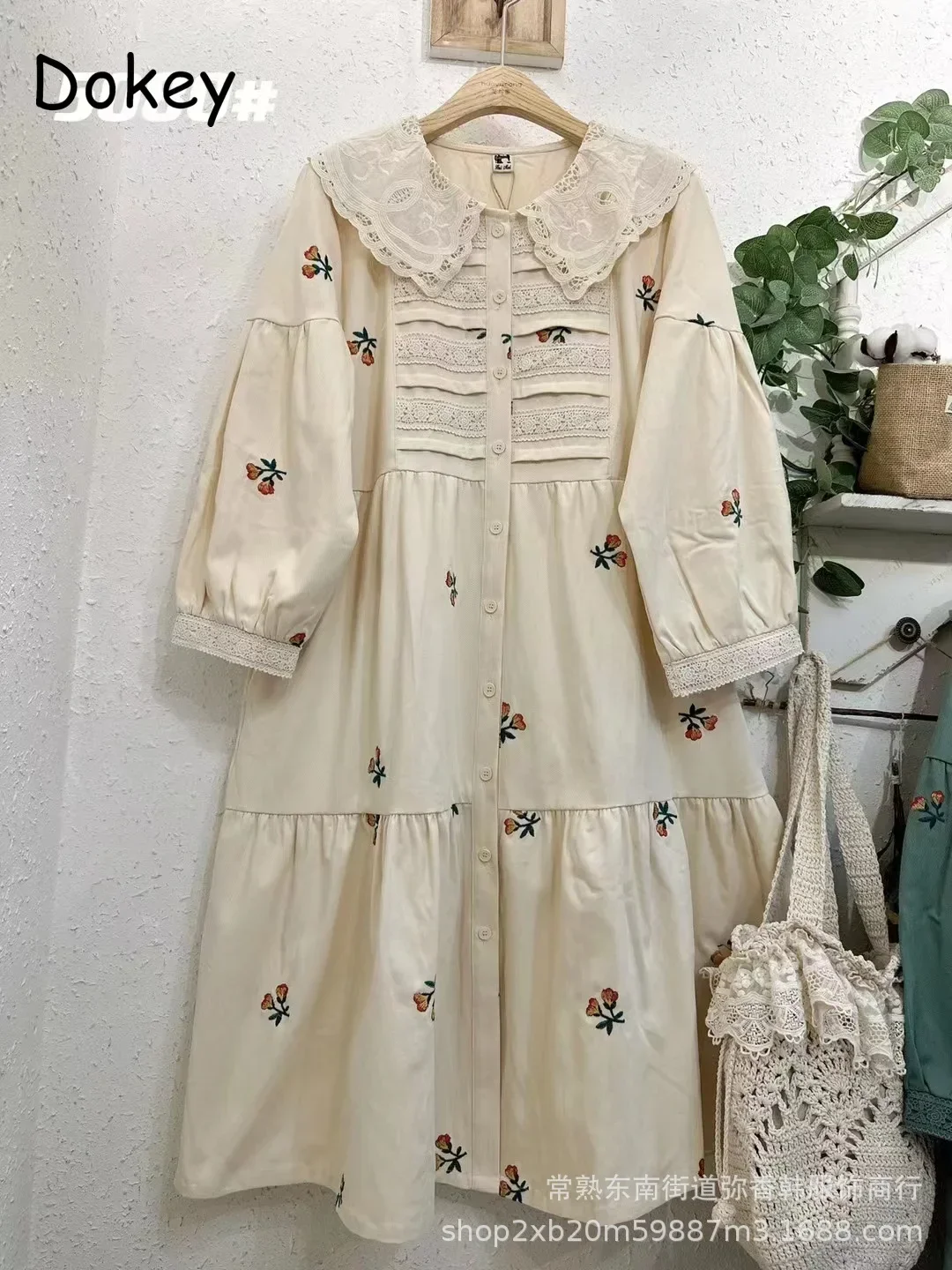 Vintage Embroidery Flower Cotton Dress Women Japanese Peter Pan Collar Single-breasted Long Sleeve Dress Loose Mori Girl Vestido