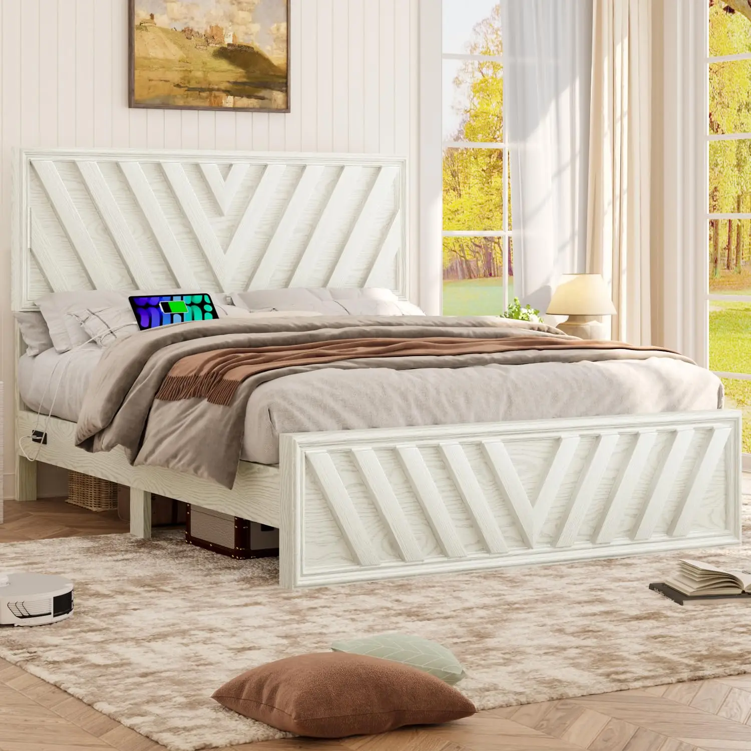 Full Bed with Adjustable Headboard, Farmhouse Platform Bed Wood with LED Light and Charging Station, Diagonal Line, Customized