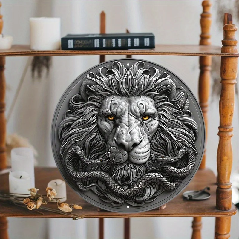 Aluminum Lion Head Wall Art with Snake Detail, Weather-Resistant HD Print Metal Door Hanger, Pre-drilled Elegant Round Sign