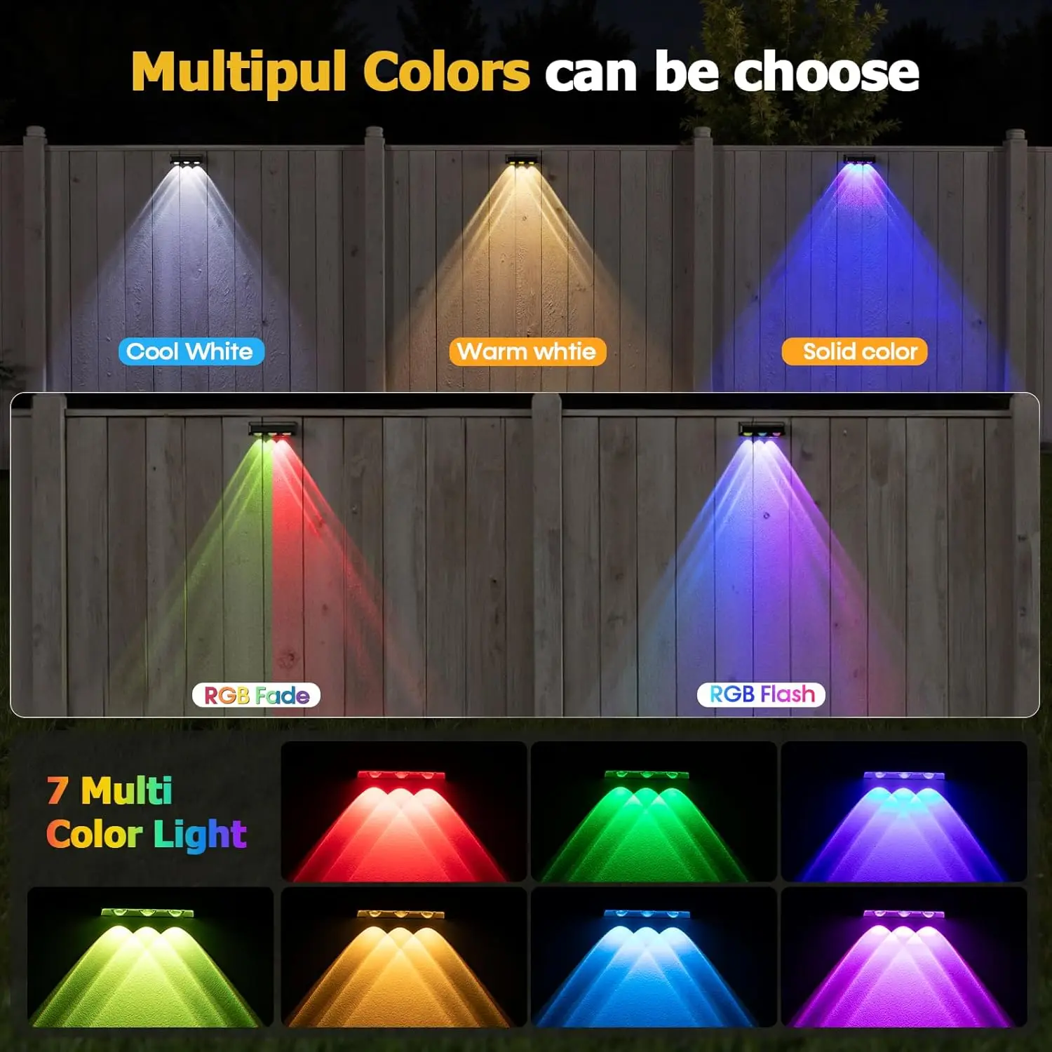 Solar Fence Lights, 12 Pack RGB Waterproof LED Outdoor Deck Lights with Lenses for Yard, Railing, Patio - Black