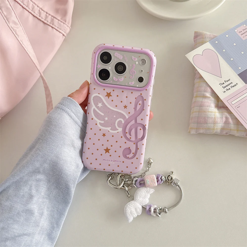 Cute Clef Angel Wing Print Phone Case For iPhone 15 16 17 Pro Max With Bead Wing Pendant Strap Shockproof Protective Cover