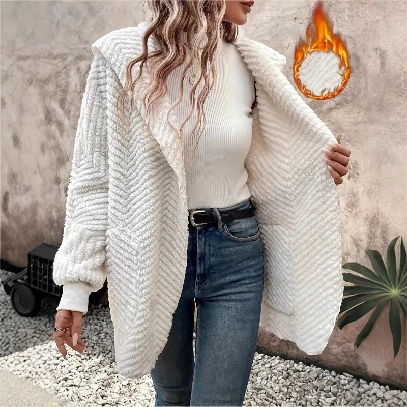 

Autumn and Winter New Wavy Double-sided Velvet Hooded Cardigan Jacket White Coat