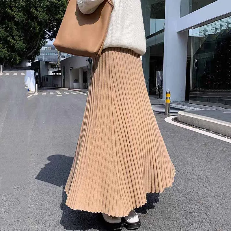 women gray Striped Knitted Skirts Elastic Waist All-Match Temperament Maxi Skirt Woman autumn winter Solid Simple A-Line Skirts