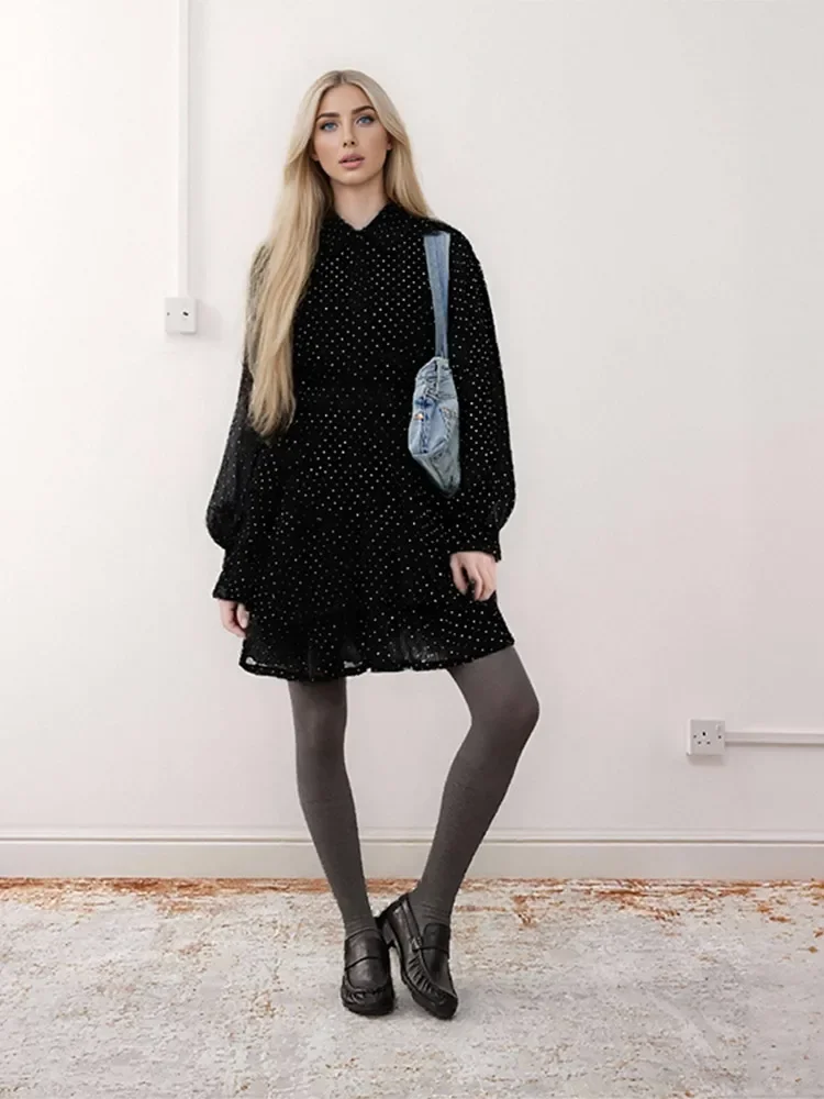 Preto feminino strass a linha mini vestido chique manga cheia cintura alta em camadas plissado vestidos curtos 2025 senhora vestidos de deslocamento diário
