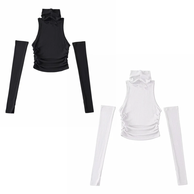 Woman Clothes Fall 2025 Tank Top Sleeve Cover Sleevless Side Pleats Turtleneck T-shirt  Sexy Ribbed Knitted Tops Y2k 2529