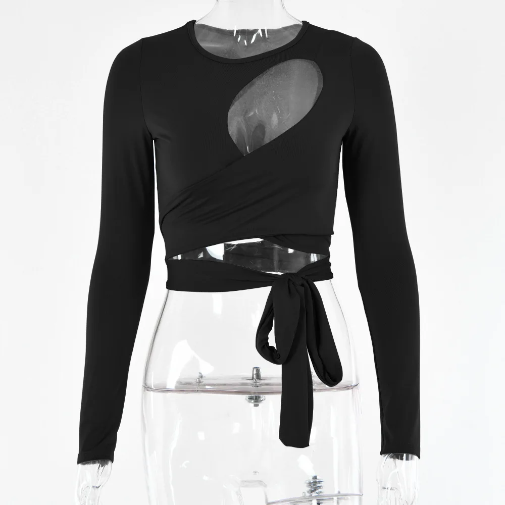 Style INS Women's Summer Sexy Crop Top Lightweight Chest Wrap Tie Round Neck T-Shirt Hollow Out Design