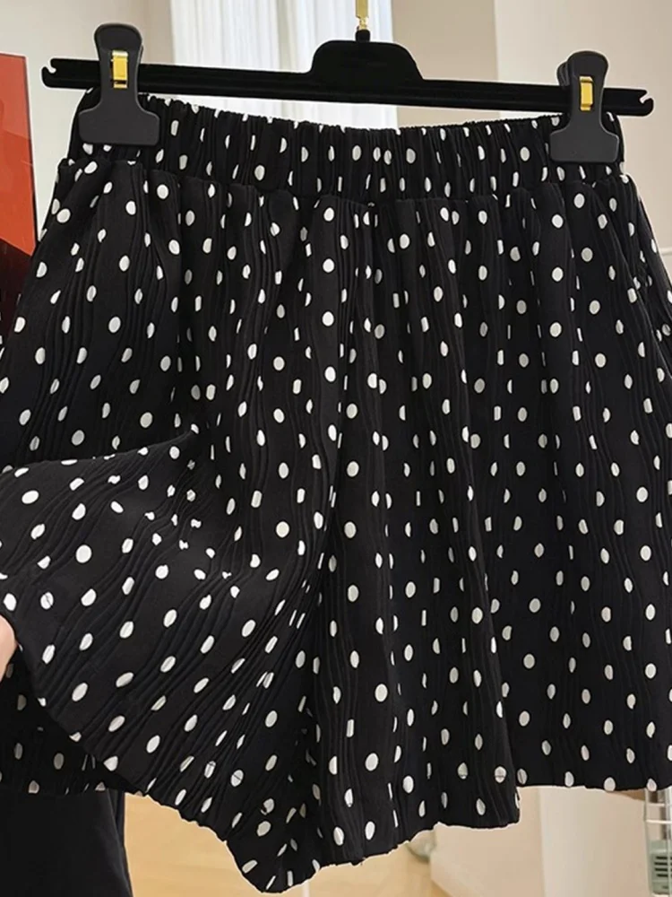 Spódnico-spodnie damskie w grochy z szyfonu, codzienne, letnie, nowość 2025, plus size, z wysokim stanem, wyszczuplające, w kształcie litery A, z szerokimi nogawkami.