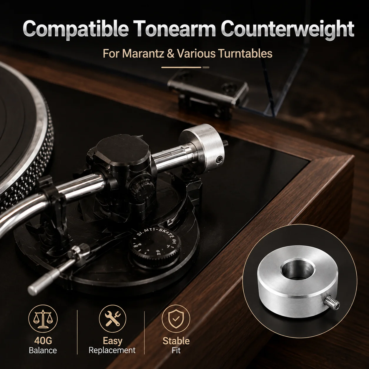 Turntable Tonearm Counterweight 40g Aluminum Alloy Balance Weight Replacement Part 28mm Diameter for Vinyl Player HiFi Audio