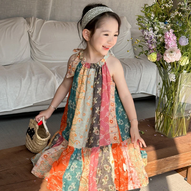 Girls Casual Dresses Floral Print Halter Sleeveless Top Girls Dress Kids Clothes for 2 To 7 Years Chinese Traditional Dress