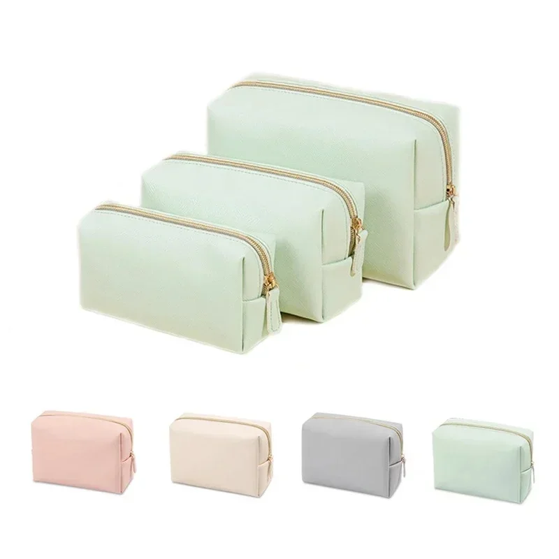 Waterproof PU Leather Ladies Makeup Bag Solid Color Travel Toiletry Pouch Portable Cosmetic Storage Organizer Bag