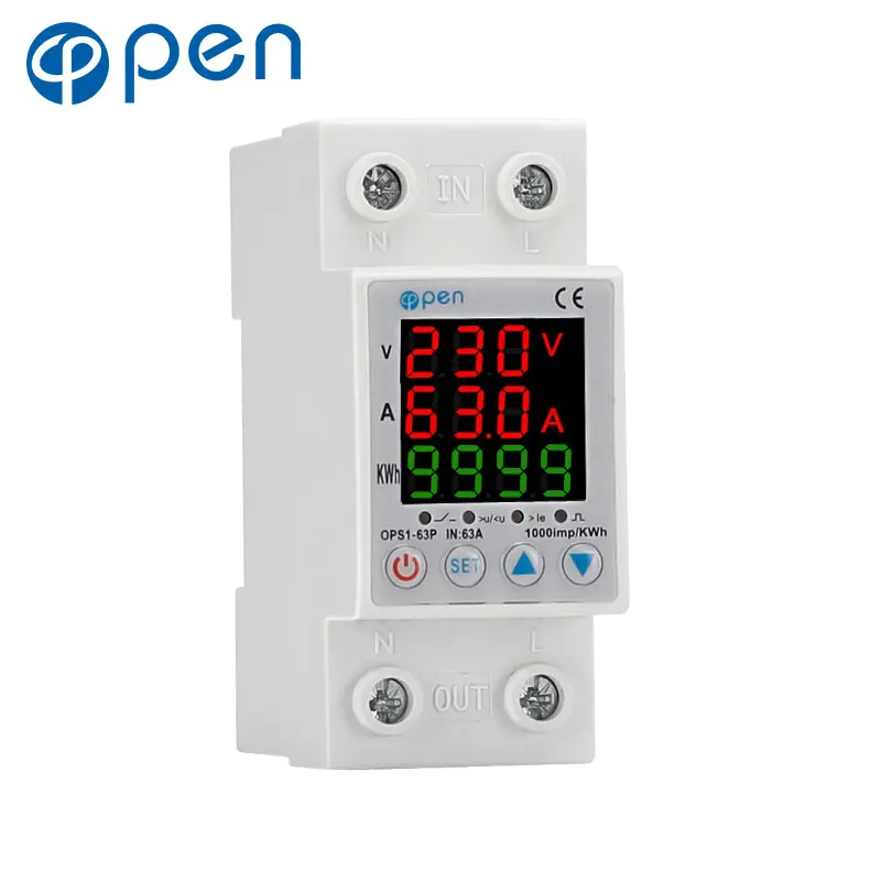 Din Rail Dual Display Adjustable Over Voltage Current Monitor Current Limit Device Under Voltage Protector Relay 40A 63A 80A 230