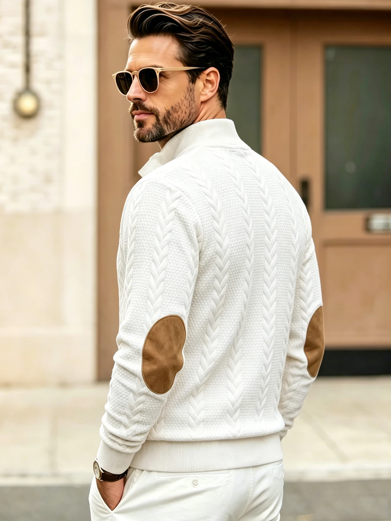 Men's Stand Collar Cable Knit Sweatshirt Autumn Winter Button Placket Elbow Patches Casual Daily Work Office Pullover