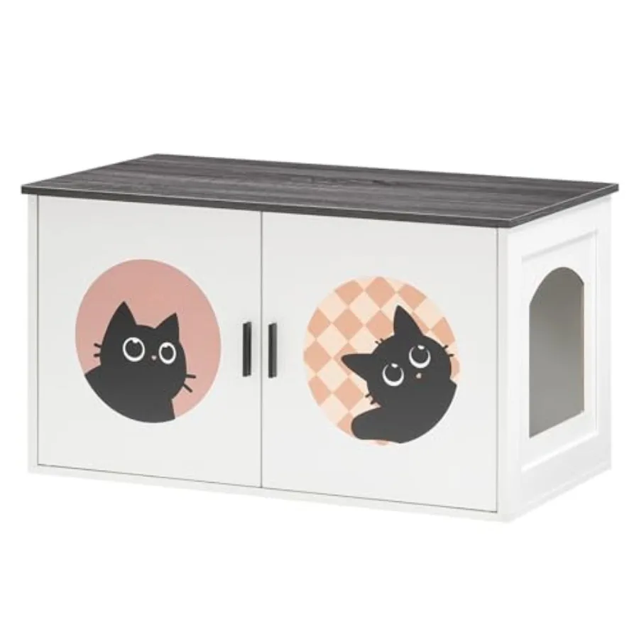 

Hidden Litter Box Furniture, Large Cat Litter Box Enclosure Furniture, Wooden Litter Box Cabinet with Cute Cat Patterns and Arc