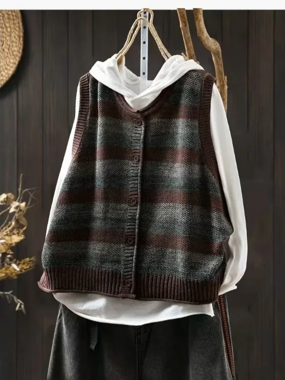 Retro Striped Open Cardigan Outerwear Loose Layering Sleeveless Sweater Shoulder Pad Spring Autumn plus Size Women's Vest
