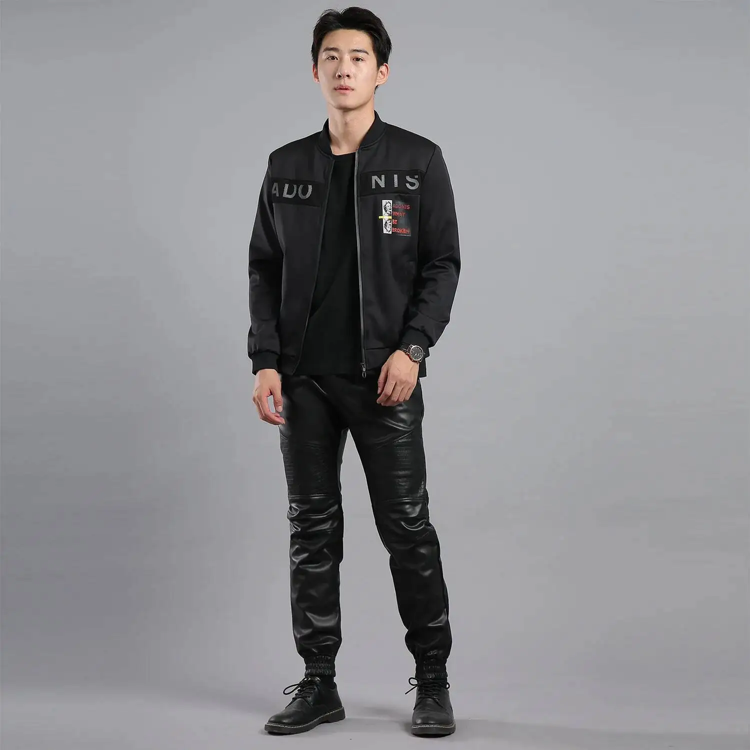 #2209 Autumn Winter Motorcycle Jogger Pants Casual Pencil Harem Faux Leather Pants Men Zipper Elastic Waist Stretch PU Pants