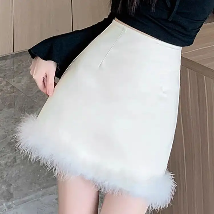 High Waist Buttocks Leather Short Skirt Fur Patchwork White Jupe Sexy Faldas Mujer Black Slim Fit Autumn New