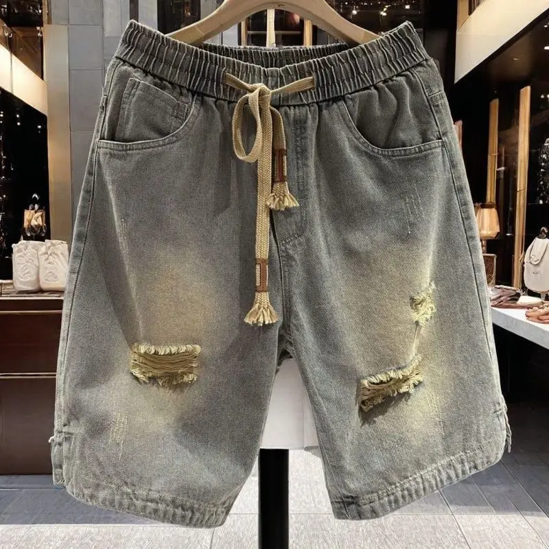 

Мужские джинсовые шорты American Style свободного кроя, повседневные, прямые, винтажные, в уличном стиле, с завязками, длиной до колена