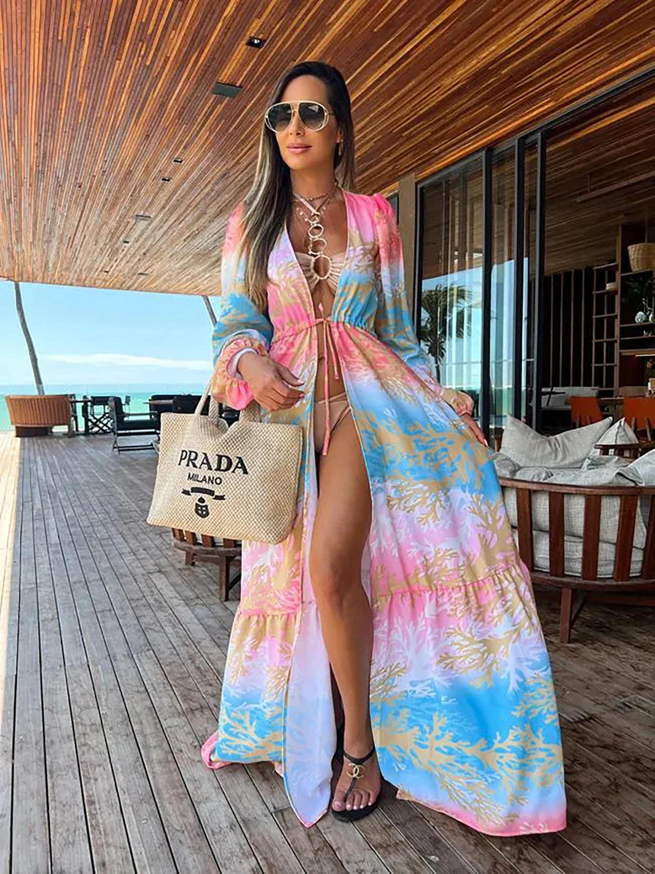 Summer Women Sexy Print Cover Up Tie Up Long Sleeve V-Neck Bathing Suit Female Elegant Causal Long Dress Beach tunic