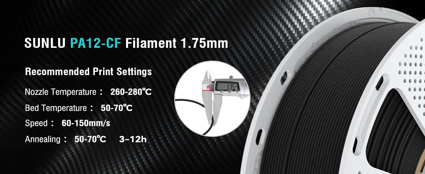 SUNLU 3 kg Easy-PA/PA6-CF/ PA12-CF Filament 1,75 mm 1 kg Spule Kohlefaser-strukturiertes Nylonfilament für Industrieteile und 3D-Drucker – Detail 26