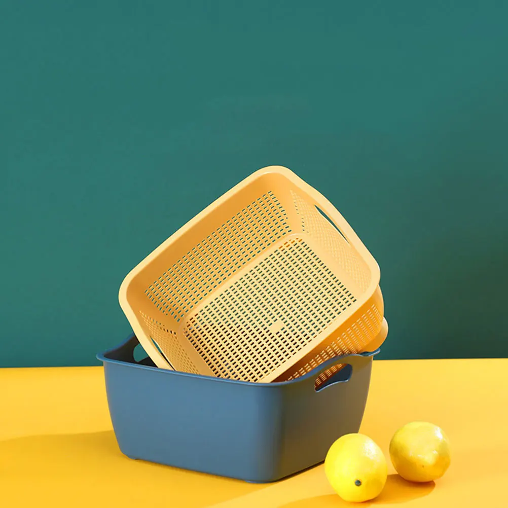 

Nordic Blue Square Large Small Double layer Vegetable Washing Drain Basket Set PP Kitchen Fruit Storage Strainer Bowl