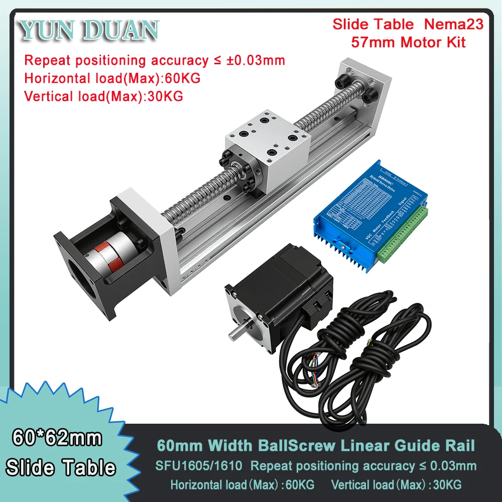 60mm Width CNC Mini Linear Guide Rail BallScrew Sliding Table Premium Linear Actuator 60KG Load XYZ Axis Nema 23 Slide Motor Kit