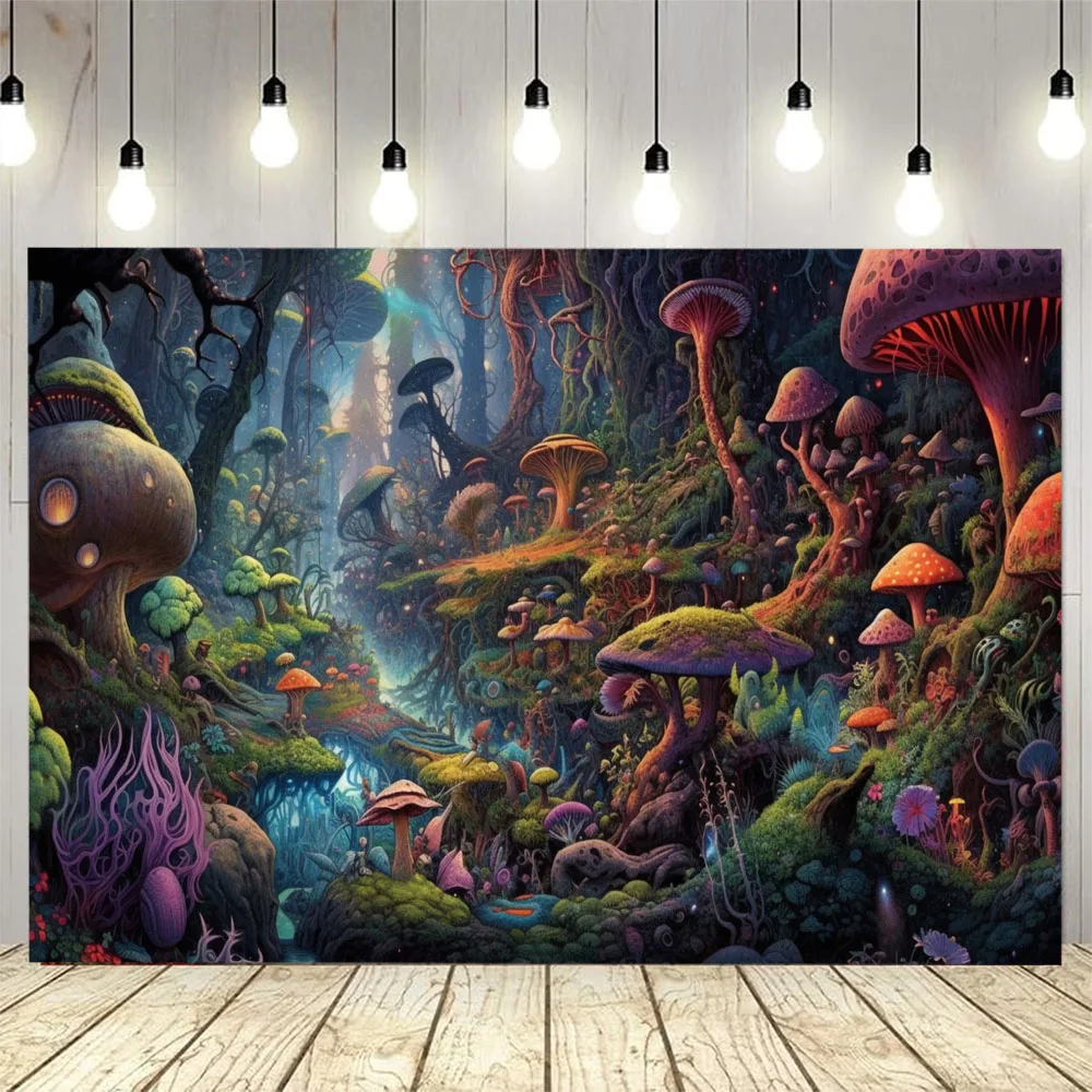

Cartoon psychedelic mushroom tapestry retro color landscape wall hanging home decoration background poster bed sheet picnic mat