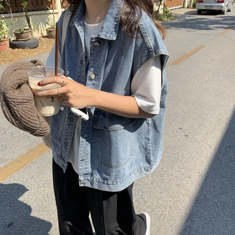 Korean Style Denim Vest Women's Summer Trendy Sleeveless Outerwear Jacket  Collar Cotton Blend Single Button Closure