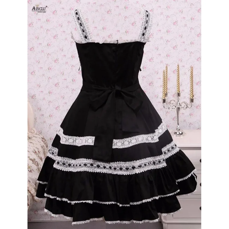 Mittellanges Kleid Frauen Baumwolle schwarz schlaflose Spitze klassische A-Linie Lolita Kleid mit weißen Spitzen/Schleife lässig Blase Lolita Kleid