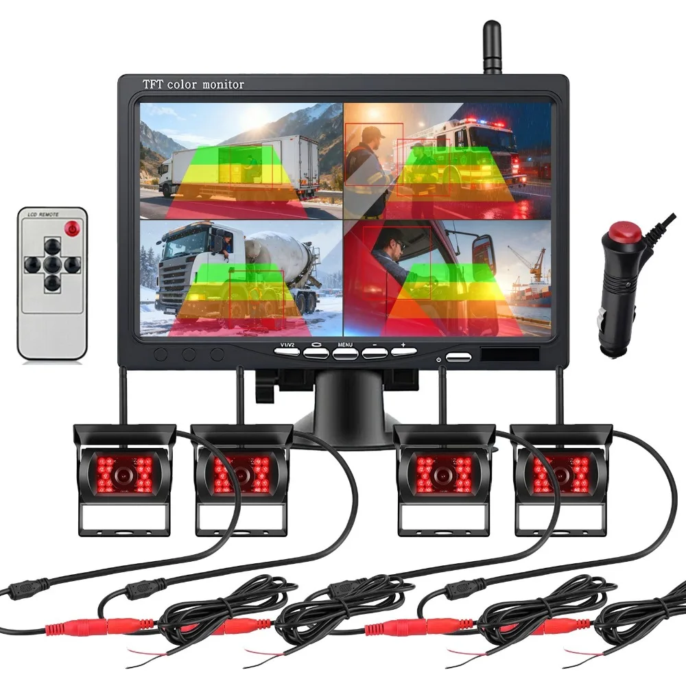 

7" Quad Screen BSD Digital Wireless Backup Camera 12V/24V Wide Voltage Reversing Monitoring System for RV Truck SUV Van Trailer