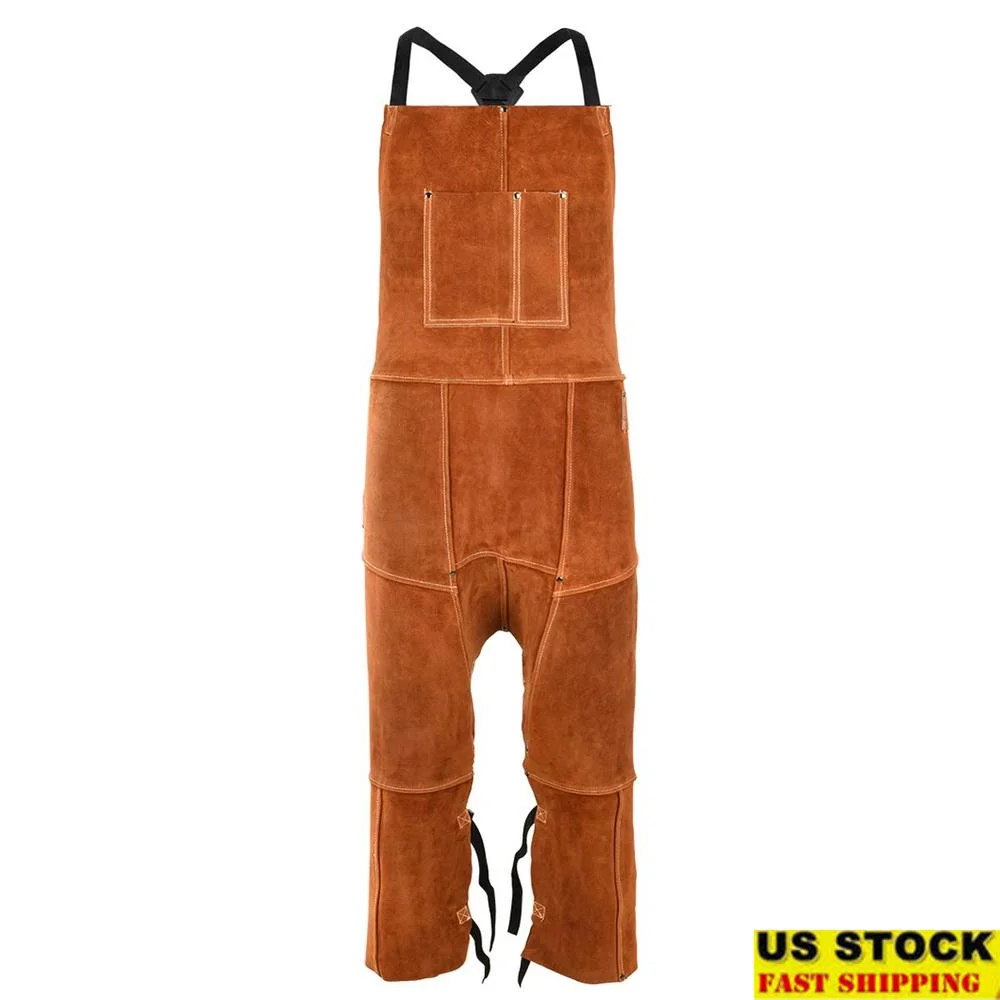 Split Leg Leather Welding Apron Flame Resistant Heavy Duty Bib Apron Tool Pockets Multi-Function Apron