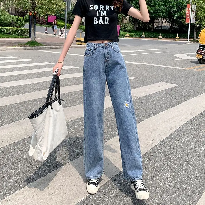 

Легкие джинсовые брюки для женщин 2026, свободные синие джинсы с высокой талией и прямой эластичной резинкой на талии, женские джинсы