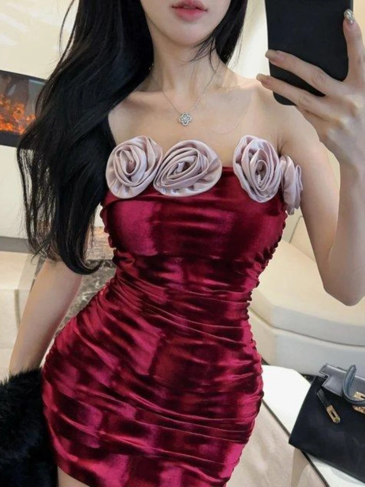 

Women Elegant Satin Mini Dress Strapless Rose Trim Ruched Bodycon Slim Fit Nightclub Party Dinner Date Outfit Summer Style 2025